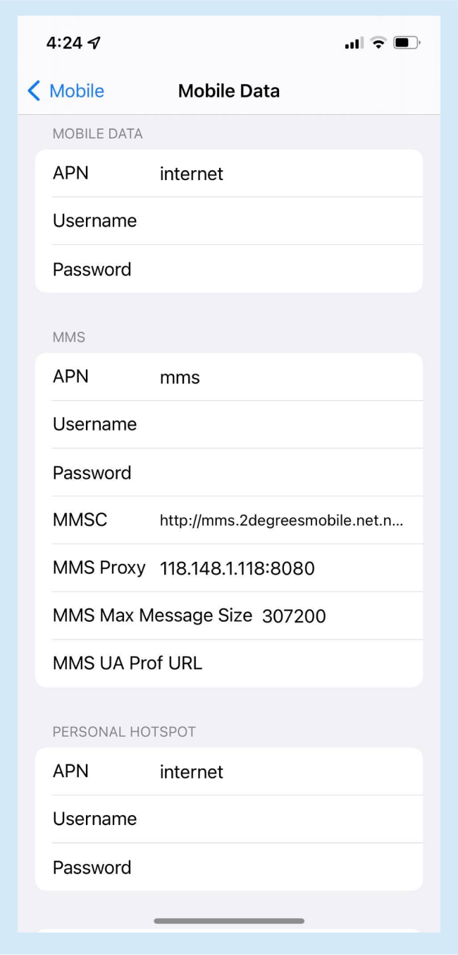 Mobile Settings - Apple Network Settings