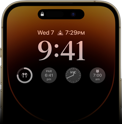 The front view of iPhone 14 Pro showcasing Always-on display with the time, date, four widgets and more.
