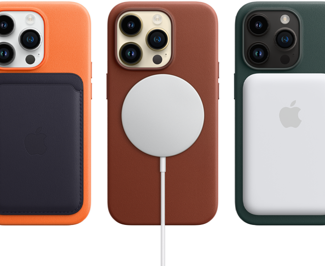 iPhone 14 Pro MagSafe cases in Orange, Umber and Forest Green with MagSafe accessories: Wallet, Charger and a Battery Pack.