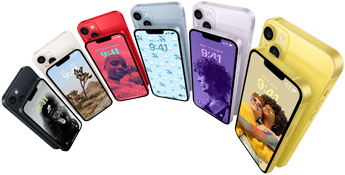 Front and back sides of iPhone 14 shown in six colours — Midnight, Starlight, PRODUCT(RED), Blue, Purple and Yellow.