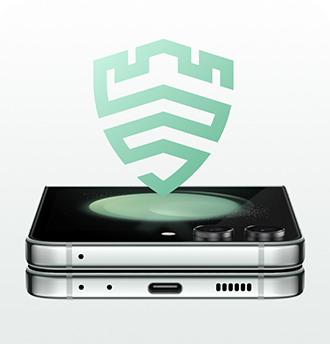Image of a closed Galaxy Z Flip5 with the Knox logo