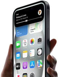iPhone 15 held in hand, Dynamic Island showing ride share tracking information.