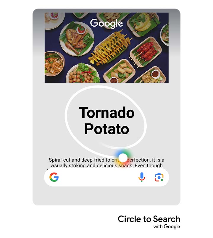 A blog page is open in a web browser app. The home button is long pressed. A Google overlay appears over the app. Text on the blog page is circled: Tornado Potato. Search results for tornado potato appear in a popup over the app. The popup is dragged upward into a full screen of Google search results.