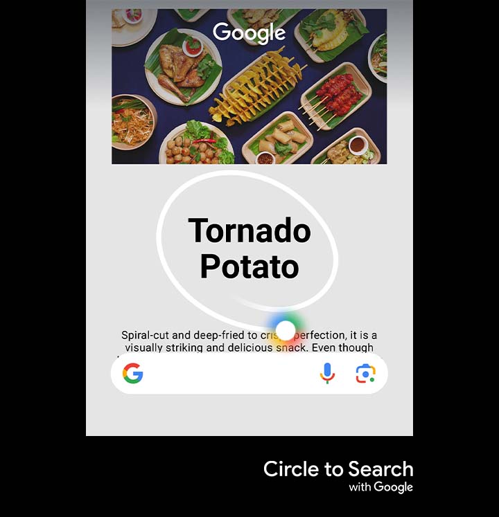 A blog page is open in a web browser app. S Pen is used to long press the Home button. A Google overlay appears over the app. S Pen is used to circle text on the blog page: Tornado Potato. Search results for tornado potato appear in a popup over the app. S Pen is used to drag the results upward into a full screen of Google search results.