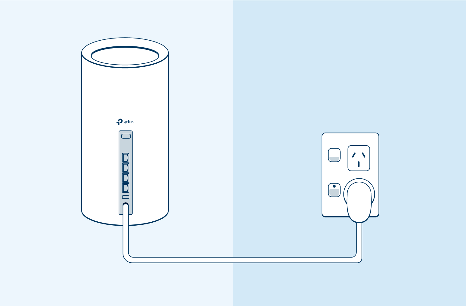 Hyperfibre - Modem Guide - Step 2 Image of the modem plugged in to the wall for power on a light blue background