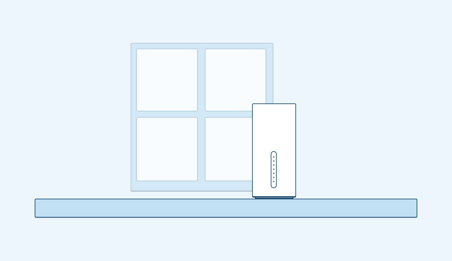 5G Broadband Router - Step 1 Image of a modem on a shelf by a window on a light blue background