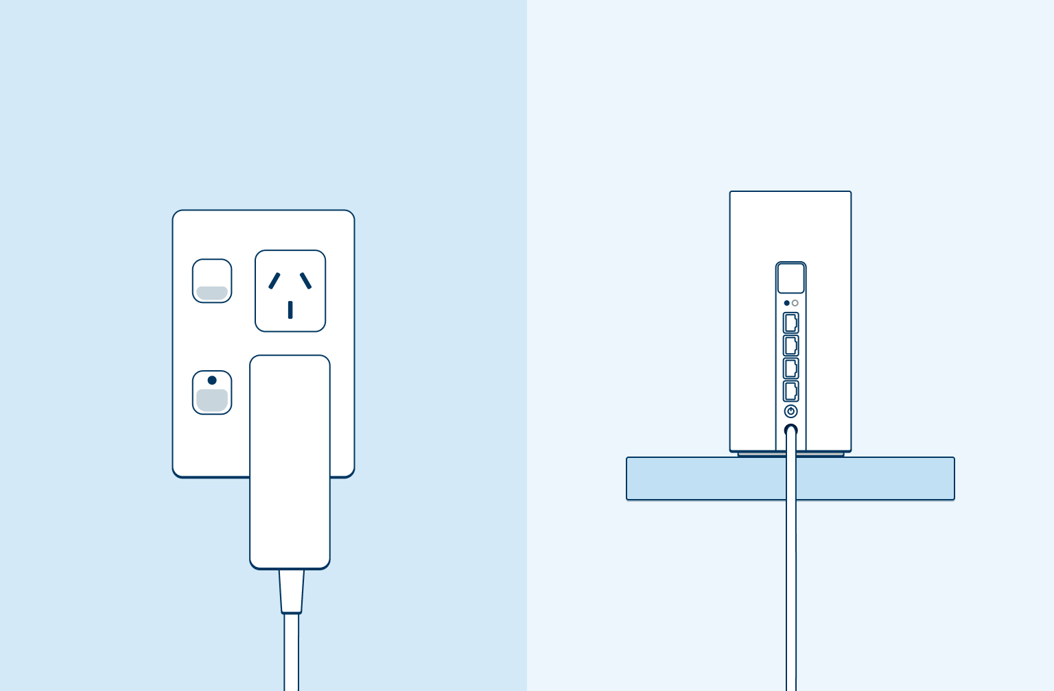 5G Broadband Router - Step 2 Image of a plug in a wall socket with the power cable connecting to the modem on a light blue background