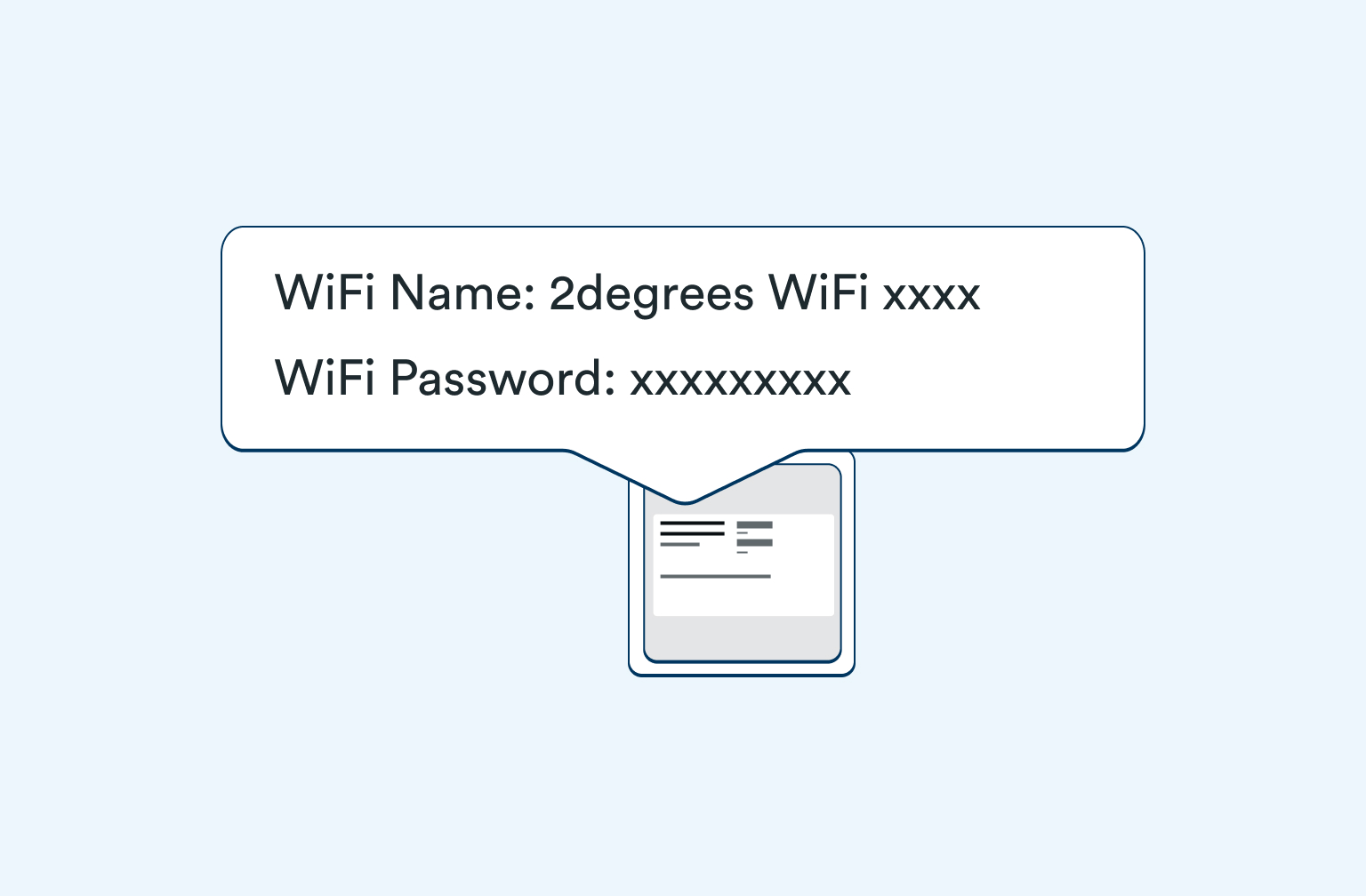 5G Broadband Router - Step 4 mage showing the WiFi Name and the WiFi Password and where to find the information on the modem on a light blue background