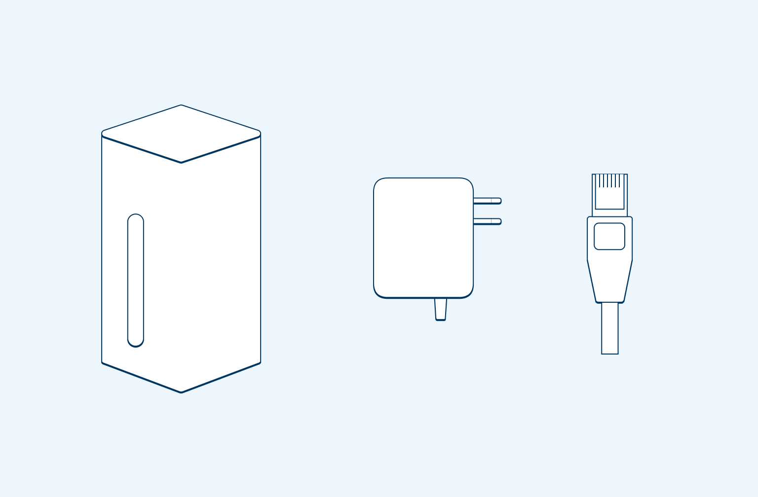5G BB Router - What's in the box Image showing a modem, wall plug and a cable on a light blue background