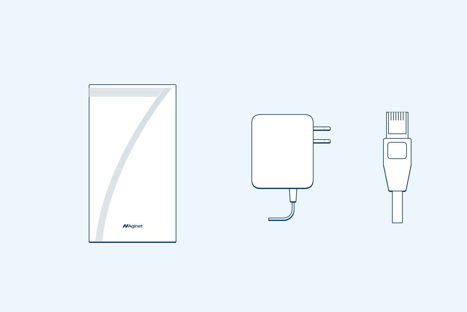 Hyperfibre - Modem Guide - What's in the box Image of a modem, a wall plug and a cable on a light blue background