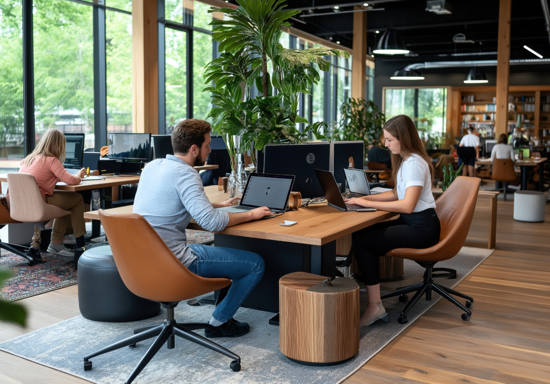 People sitting in an open office at a desk working on laptops