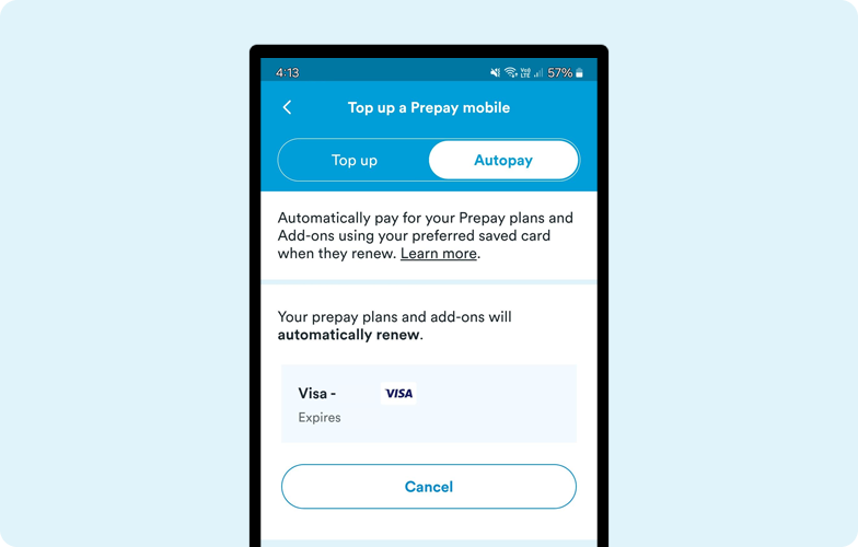 H&S - Prepay Top Up - Autopay Screenshot of the mobile app on the autopay screen