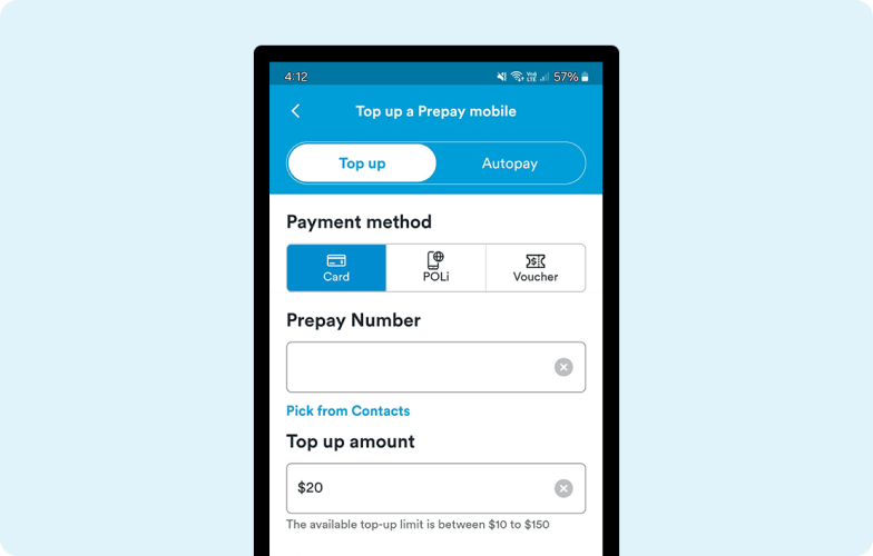 H&S - Prepay Top Up - Top Up Screenshot of the Top Up page on the mobile app