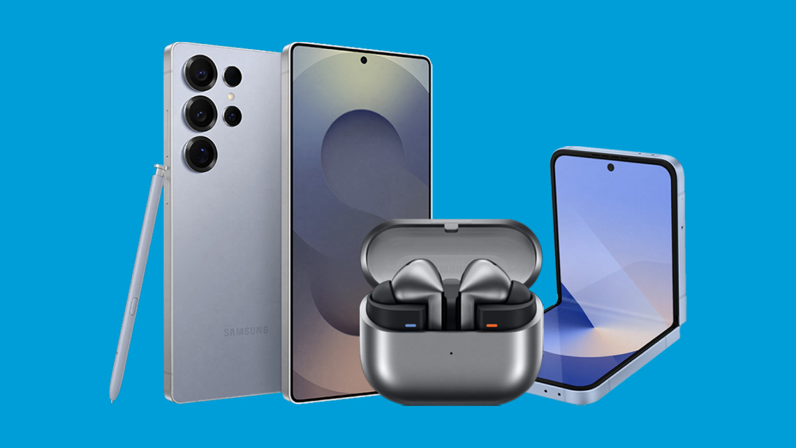 Image of the Samsung Galaxy S25 Ultra smartphone and the Samsung Z Flip 6 smartphone and a pair of the Galaxy Buds3 Pro on a blue background