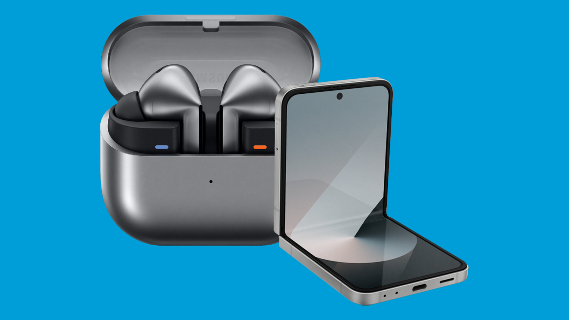 Samsung - Flip6 and Buds3 Pro - GWP Image of the Samsung Galaxy Z Flip6 and a pair of the Samsung Galaxy Buds3 Pro