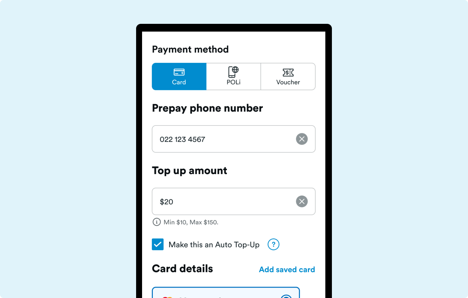 H&S - Prepay Top Up - Autopay Screenshot of the mobile app on the autopay screen