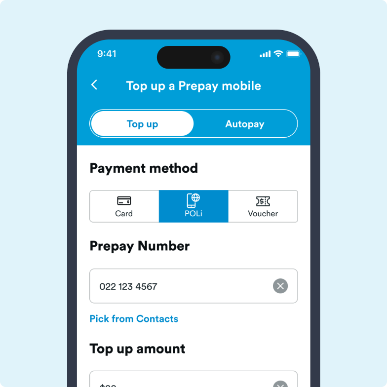 H&S - Prepay Top up - POLi Screenshot of the mobile app showing a prepay top up with POLi payment as the method of payment