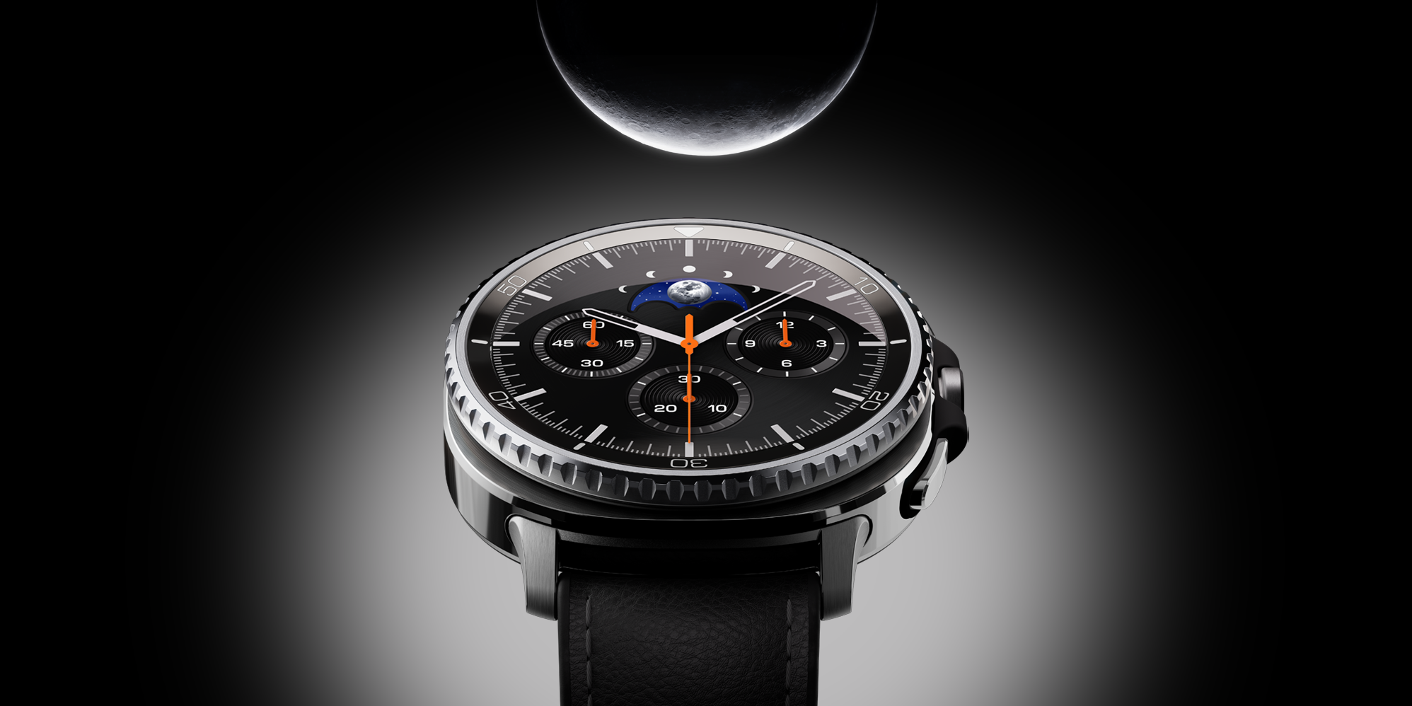 Samsung Watch8 Classic Smartwatch with a glow behind it and the moon at the top of the image