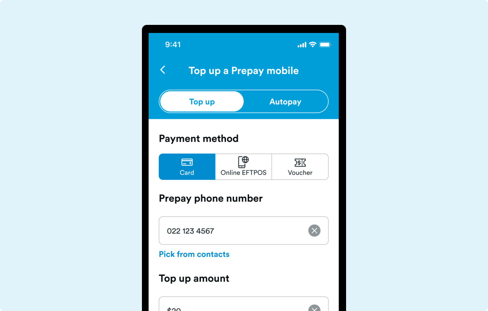 Screenshot of the 2degrees App and selected to card payment