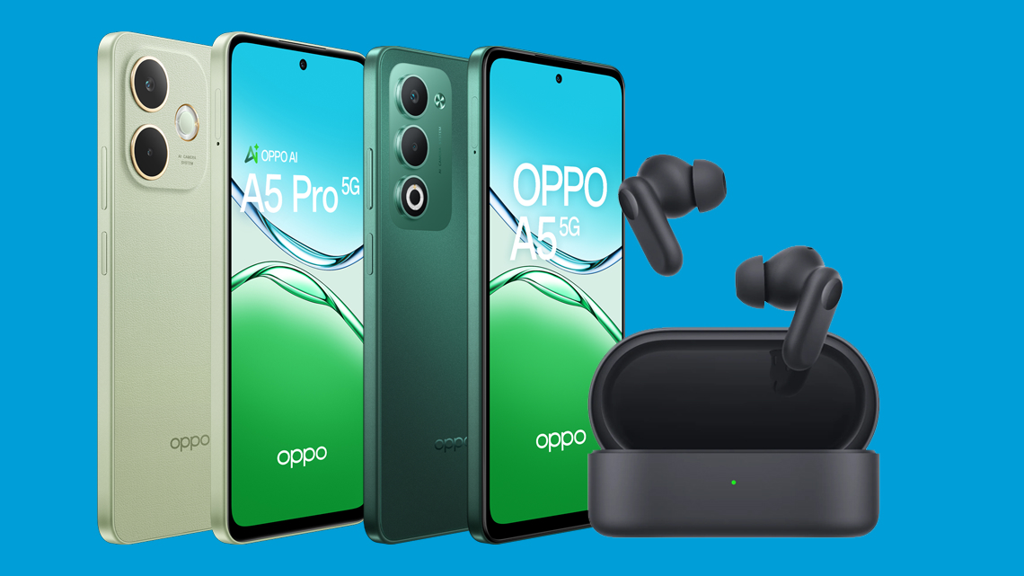 OPPO A5 Smartphone and OPPO A5 Pro smartphone with a pair of Enco2 Buds on a blue background