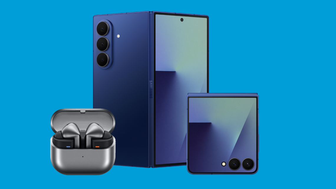 Image of the Samsung Galaxy Z Fold7 and Z Flip7 smartphones with the Galaxy Buds3 Pro headphones