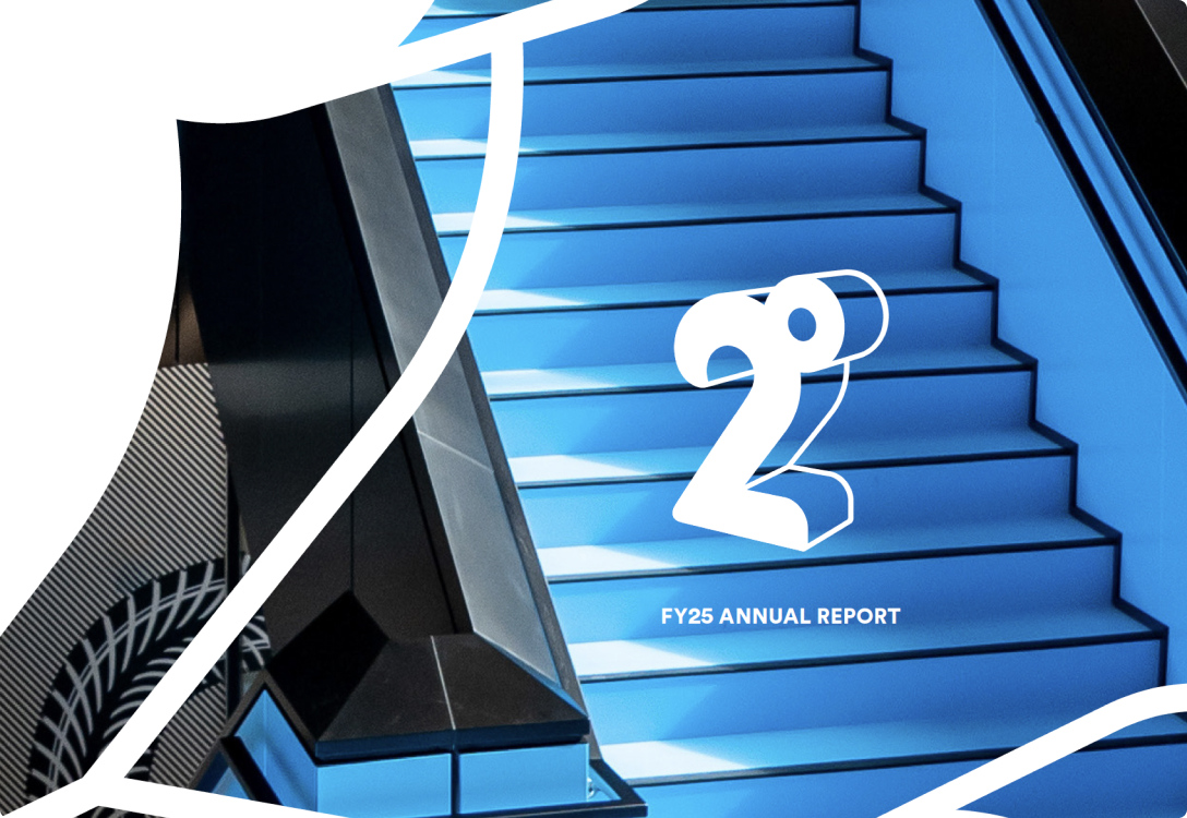 white 2degrees logo overlayed on a photo of the blue stairs in the 2degrees head office