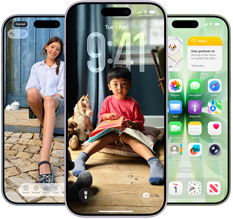 iPhone 17, exterior front, Dynamic Island centred near top, three colours: Mist Blue, Lavender, Sage