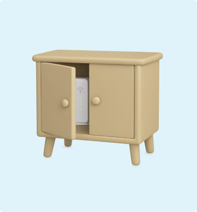 3D emoji of a modem being hidden inside a cupboard