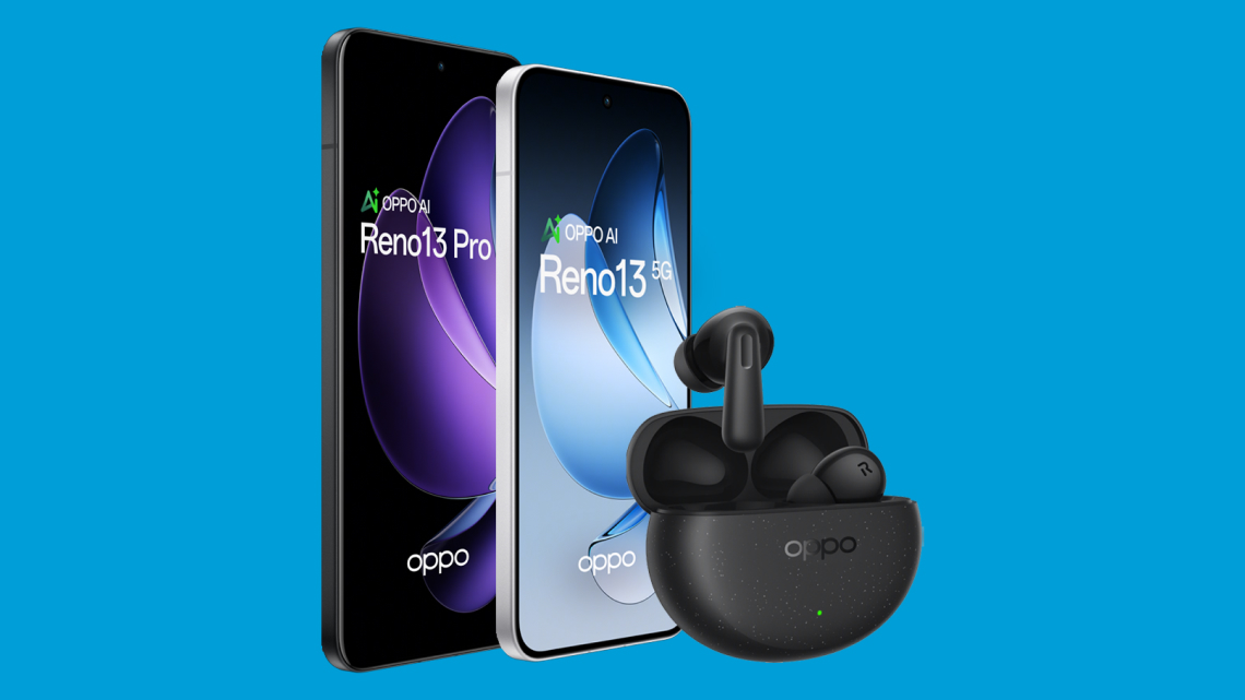 Image of the OPPO Reno 13 and Reno13 Pro smartphones and OPPO Enco Air4 Pro headphones