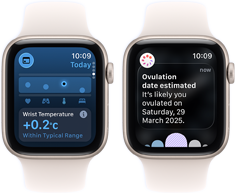 two Apple Watch SE 3 devices with Starlight aluminium cases showing the Vitals app on screens
