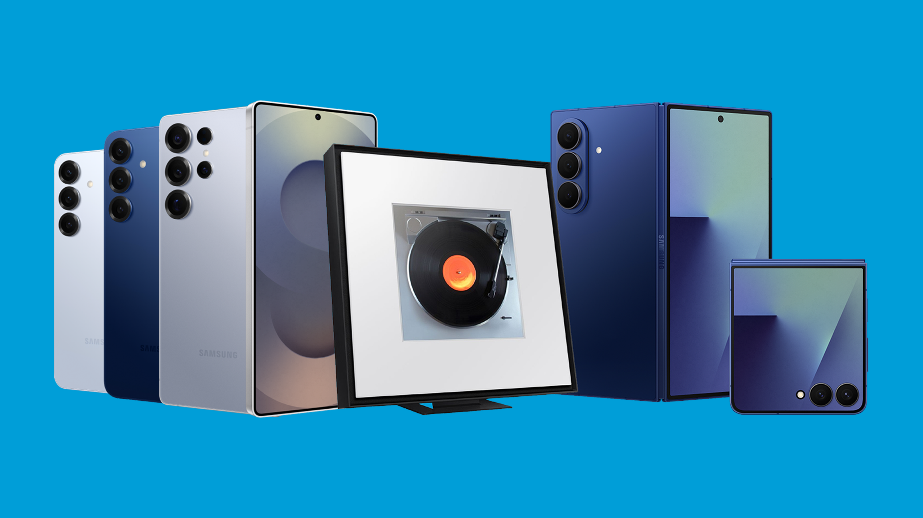 Image of the Samsung S25 series and the Samsung Galaxy Z7 series with the Samsung Music Frame