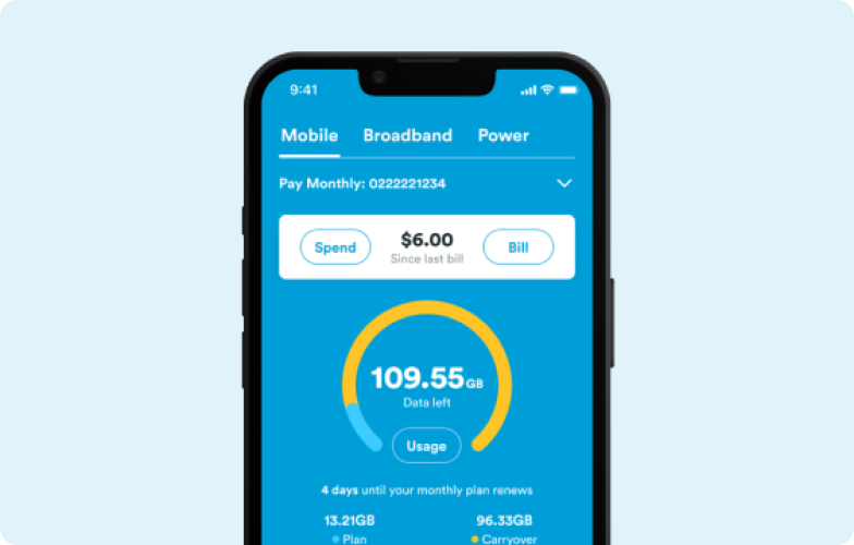 Screenshot of the app showing balances and the option to switch between mobile, broadband and power