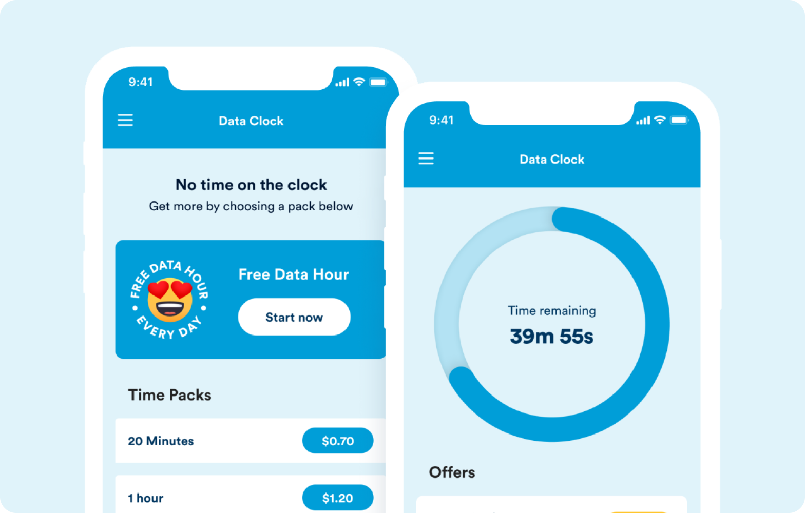 Screenshots of the data clock app showing the main screen and a screenshot of the time remaining after a pack has been started and partially used