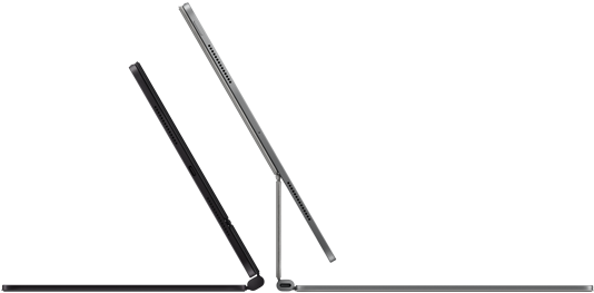 Two iPad Pro devices attached to Magic Keyboard, side exterior, thin profile, space black colour with speakers and USB-C port, tilted half open, silver colour, open, tilted back showing the keyboard’s floating cantilevered design, speakers and microphone