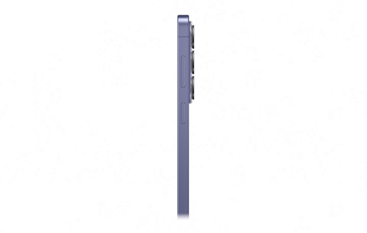 Galaxy S26 in Cobalt Violet is seen from the side to show the slim profile.