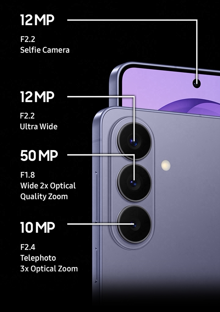 Galaxy S26's camera specs. Rear Camera. 12 MP Ultra Wide, F2.2. 50 MP Wide, F1.8, 2x Optical Quality Zoom. 10 MP Telephoto, F2.4, 3x Optical Zoom. Front Camera. 12 MP Selfie Camera, F2.2.