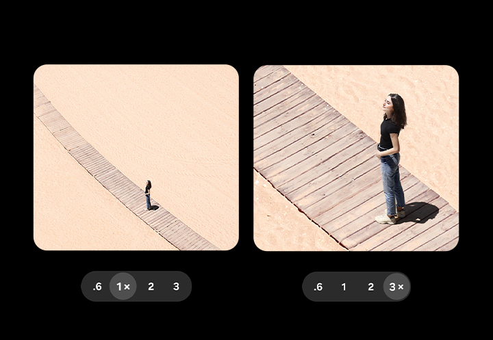 A scenic photo has been taken in 1 times zoom. Another has been taken in 3 times zoom. Even when zoomed in, details remain clear and vivid.