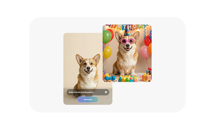 A photo of a dog is seen. In Photo Assist, the user can describe what to change by inputting a text prompt. After typing 'Make this his birthday party'. Galaxy AI has transformed the photo by adding various birthday themed accessories on and around the dog.
