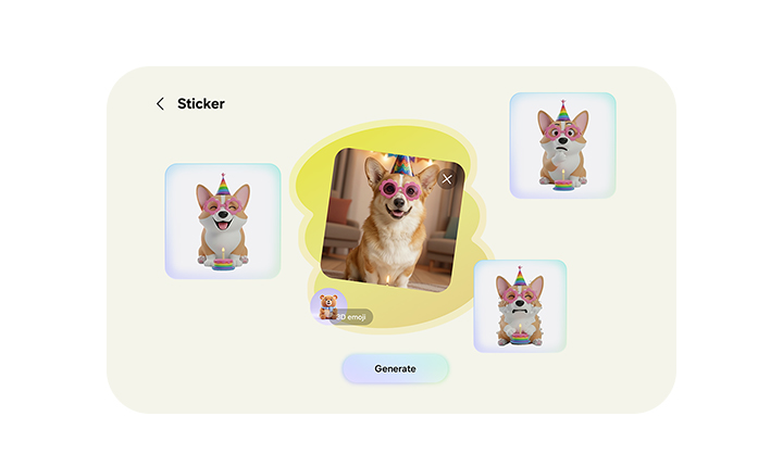 A photo of a dog wearing sunglasses has been used to create a sticker pack of various emotions in Creative Studio.