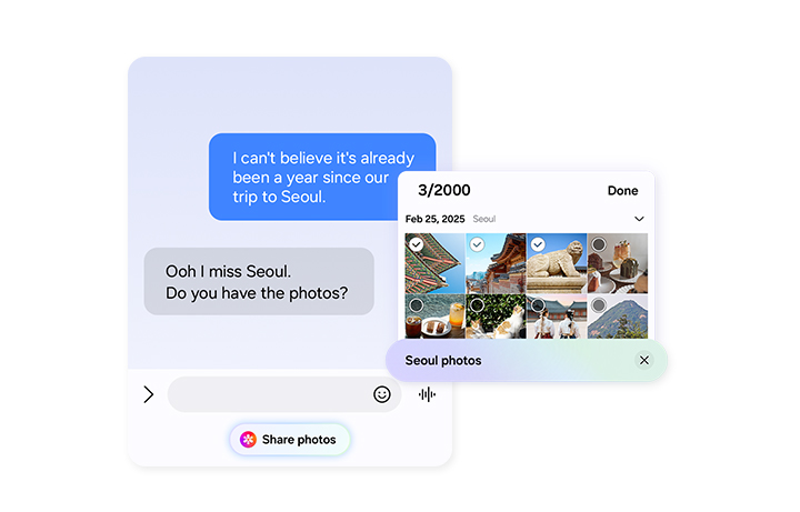 During a text conversation, someone asks for photos from a trip to Seoul. Now Nudge has intelligently prompted the user with a Share photos button. A search bar with the keywords Seoul photos is seen with a Gallery pop up showing the relevant photos. The user can then view and select photos.