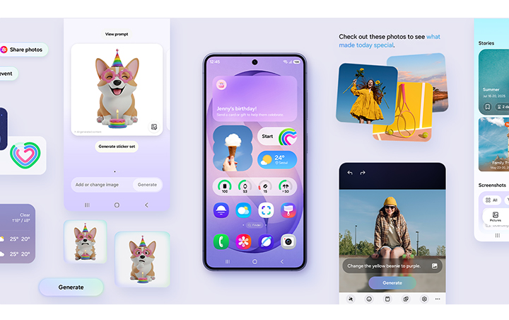 Galaxy S26 is seen from the main screen. Various active features that are more personalized to the user's needs and habits, flank the device. These include Creative Studio, Photo Assist and more.