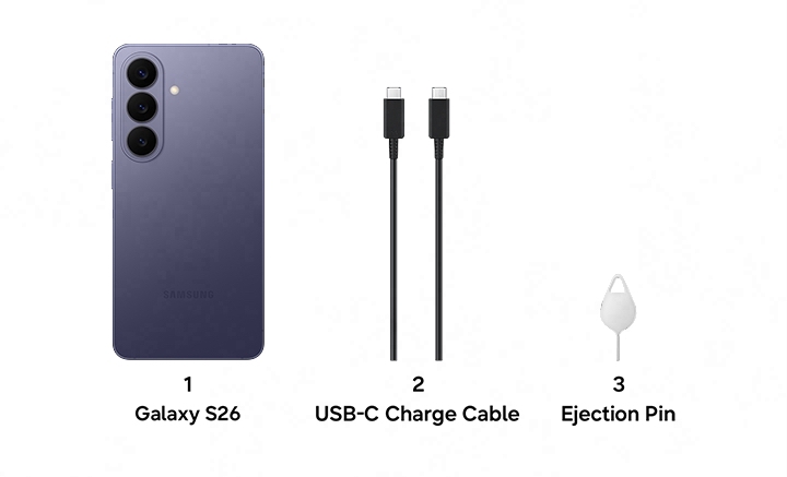 1. Galaxy S26, 2. USB-C Charge Cable, 3. Ejection Pin.
