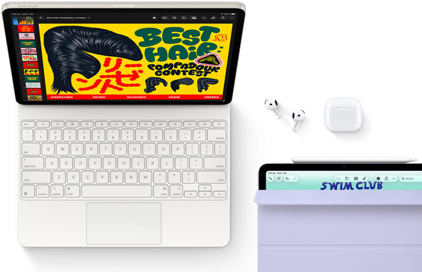 iPad Air, Starlight colour, colourful graphics on screen, attached to Magic Keyboard, Airpods Pro and Apple Pencil Pro accessories