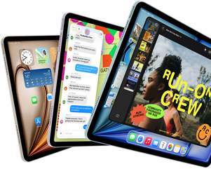 Three iPad Air displays in fan-like arrangement, colours: Blue, Purple, Starlight, front exterior, side exterior, apps on screen display include Keynote app, Messages and Home Screen