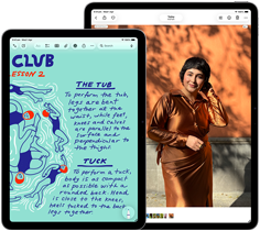 Two iPad Air, sizes: 11-inch and 13-inch, 11-inch shows colourful text on the Notes app, 13-inch screen shows a photo of a person on the Photos app