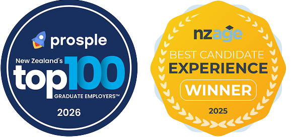 NZ Top 100 Graduate Employers and Best Candidate Experience Winner badges