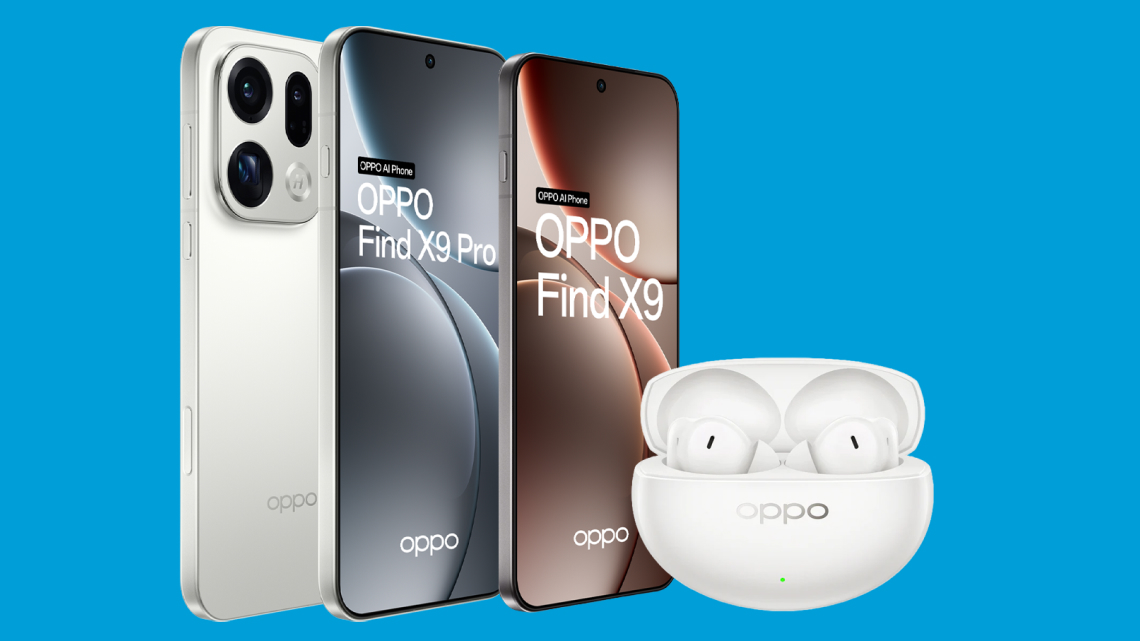 OPPO Find X9 and X9 Pro smartphones and a pair of OPPO Enco Air5 Pro buds