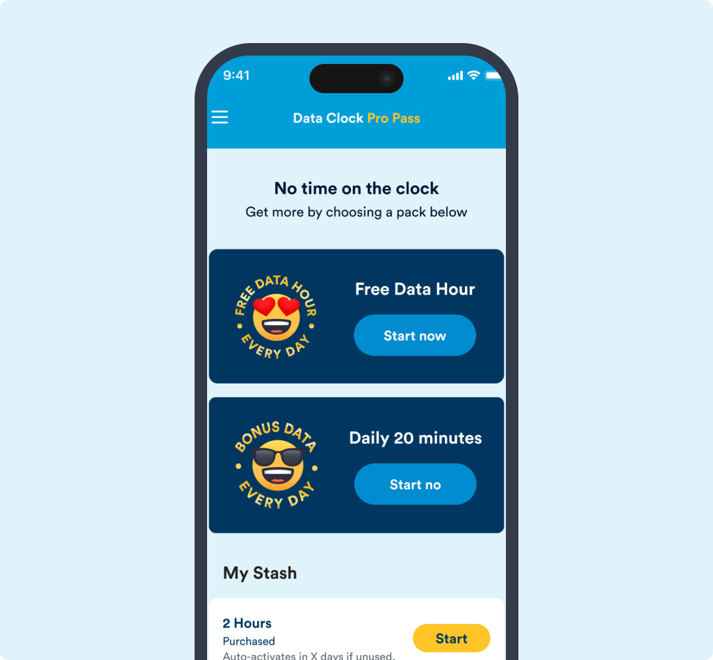 screen grab of what the data clock app will look like for someone who has purchased and stashed a pack
