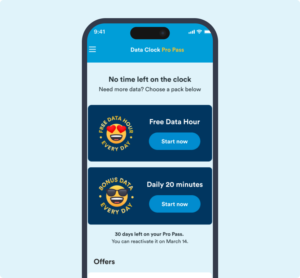 screen grab of what the data clock app will look like for someone subscribed to pro pass