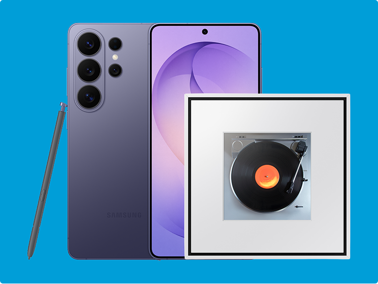Samsung Galaxy S26 Ultra smartphone and the Samsung Music Frame on a blue background
